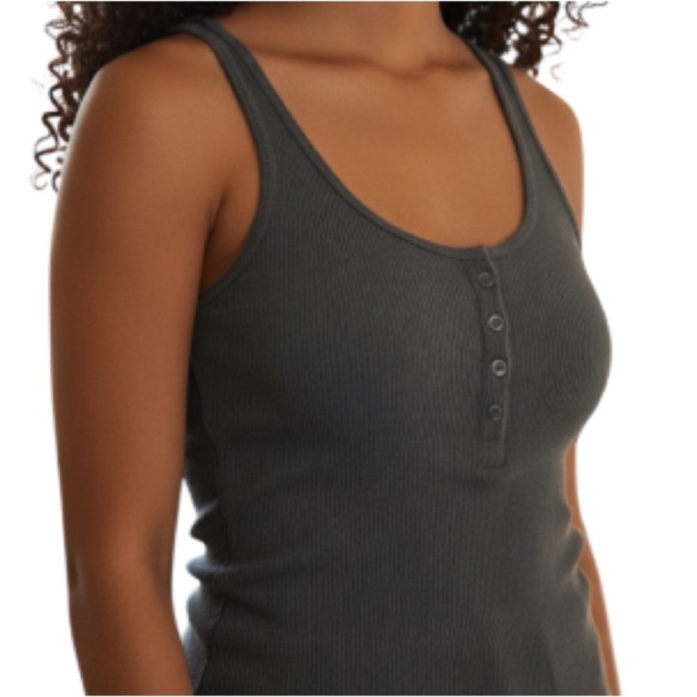 American Eagle Soft & Sexy Rib Tank Top Dark Gray Raw Hem Snap Detail Size M